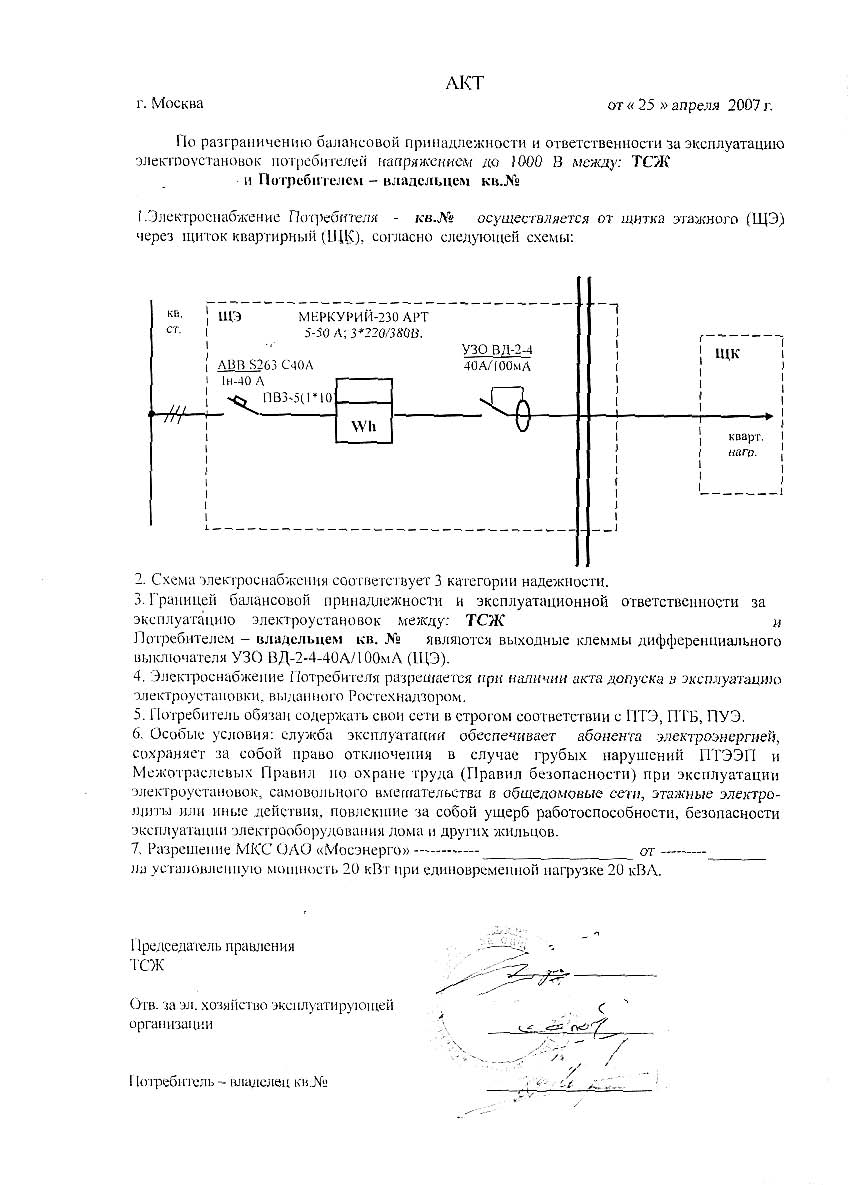 Акт балансового разграничения электрических сетей образец